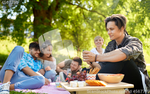 Image of man using smartphone at picnic with friends