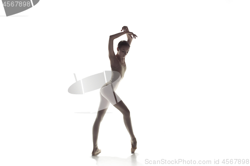 Image of Ballerina. Young graceful female ballet dancer dancing isolated on white. Beauty of classic ballet.