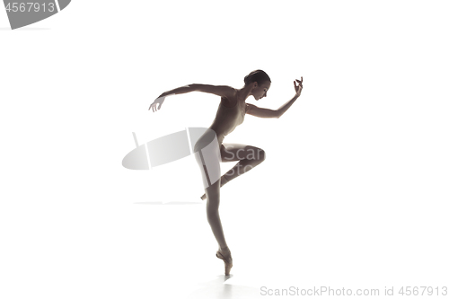 Image of Ballerina. Young graceful female ballet dancer dancing isolated on white. Beauty of classic ballet.