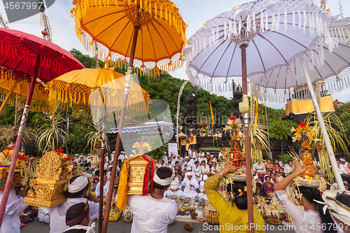 Image of Bali, Indonesia - Feb 2, 2012 - Hari Raya Galungan and Umanis Galungan holiday fesival parade - the days to celebrate the victory of Goodness over evil, on February 2nd 2012 on Bali, Indonesia