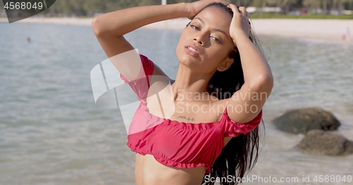 Image of Beautiful lady tourist in bikini resting at seashore