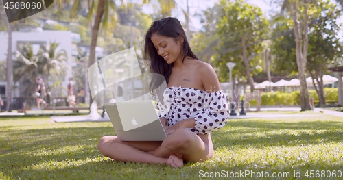 Image of Smart Asian woman typing on laptop sitting in grass in park