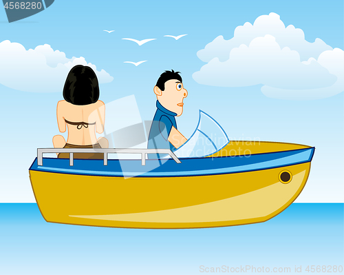 Image of Man and woman sail on motorboat seaborne