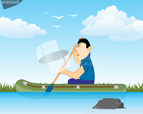 Image of Man sails on river on rubber boat