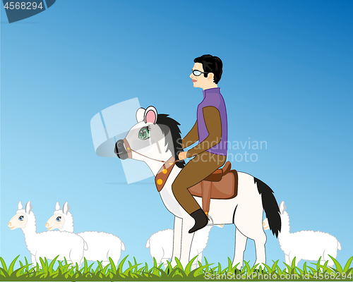 Image of Man shepherd on horse and herd sheep