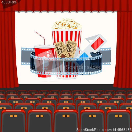 Image of cinema auditorium with seats and popcorn