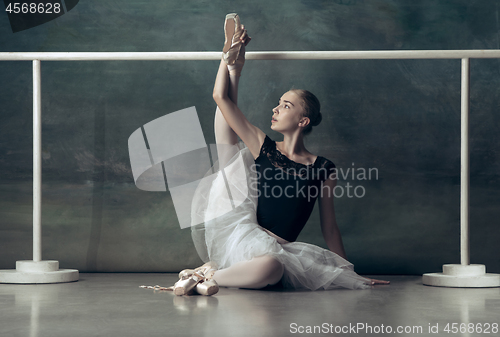 Image of The classic ballerina posing at ballet barre