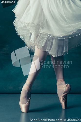 Image of Close-up ballerinas legs in pointes on the gray wooden floor