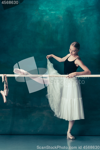 Image of The classic ballerina posing at ballet barre