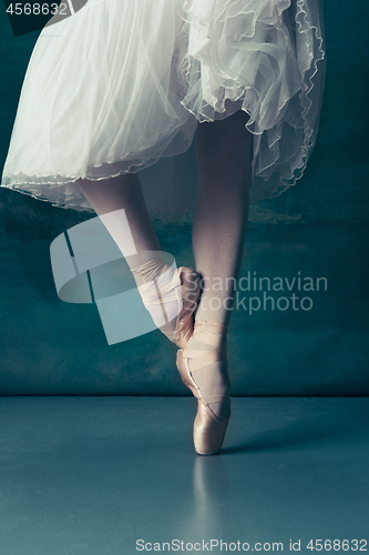 Image of Close-up ballerinas legs in pointes on the gray wooden floor