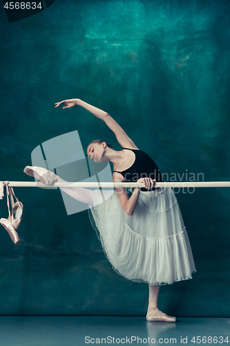 Image of The classic ballerina posing at ballet barre