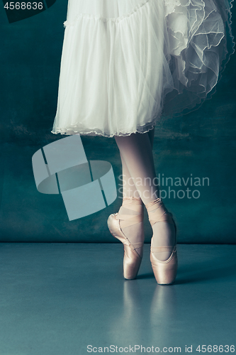 Image of Close-up ballerinas legs in pointes on the gray wooden floor