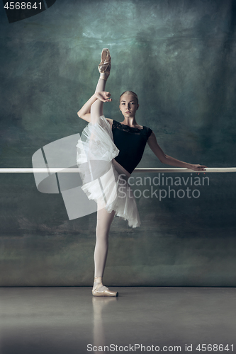 Image of The classic ballerina posing at ballet barre