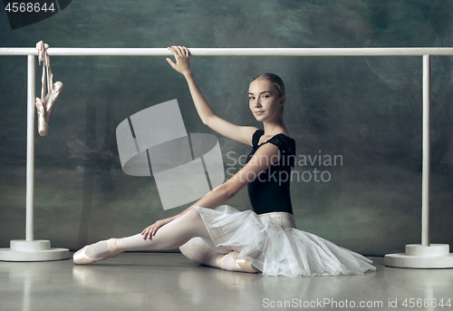 Image of The classic ballerina posing at ballet barre