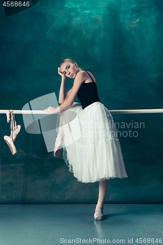 Image of The classic ballerina posing at ballet barre