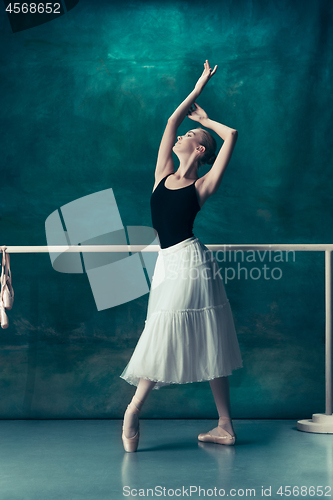 Image of The classic ballerina posing at ballet barre