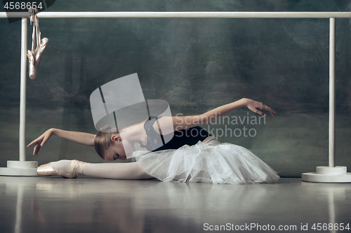 Image of The classic ballerina posing at ballet barre