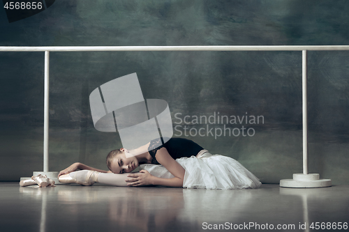 Image of The classic ballerina posing at ballet barre