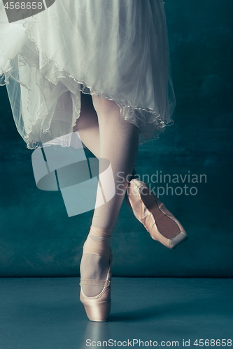 Image of Close-up ballerinas legs in pointes on the gray wooden floor