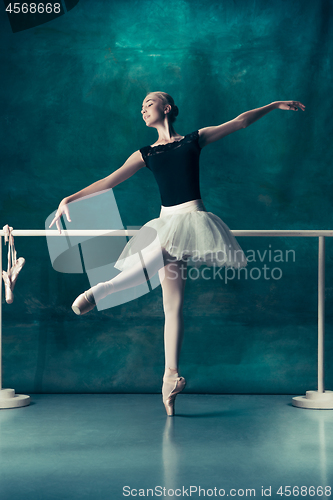 Image of The classic ballerina posing at ballet barre