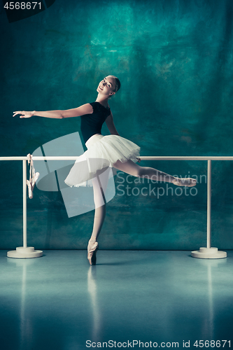 Image of The classic ballerina posing at ballet barre