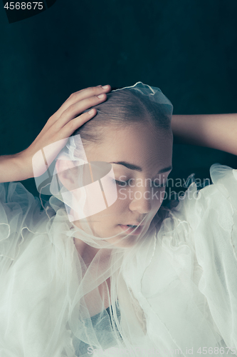 Image of Beautiful bride looking over her veil