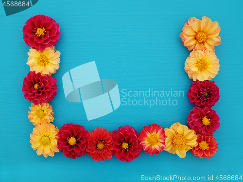 Image of Three sided border of red and yellow dahlia flowers 