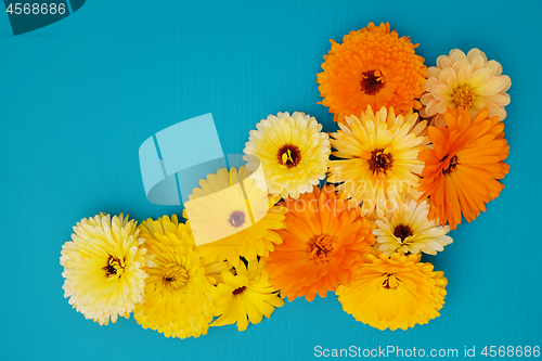 Image of Flower arrangement of yellow and orange calendula on blue