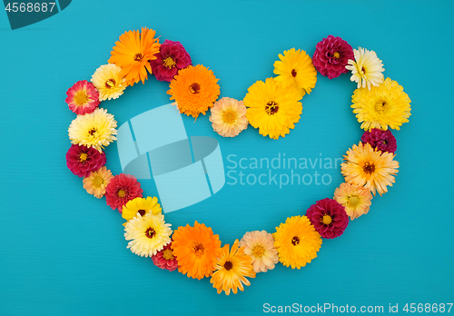 Image of Hollow heart shape of dahlias and calendulas on teal