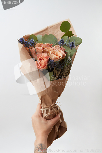 Image of Female hand gives bunch with coral roses and green leaf on light background, copy space. Gift for Mother or Woman\'s Day.