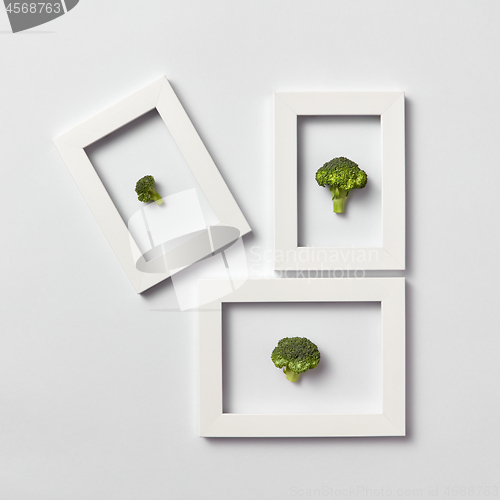 Image of Organic frames with fresh natural broccoli on a light background.