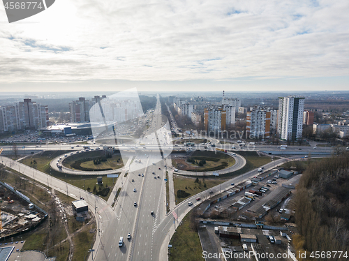 Image of Kiev, Ukraine panoramic view of the city with high-rise buildings and a road junctionof Odessa square in the shape of a quatrefoil against the sky. Aerial view from the drone