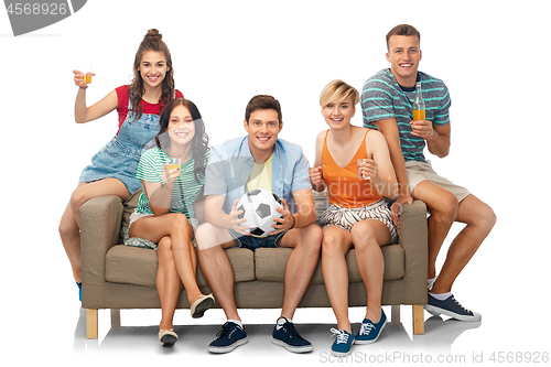 Image of friends or soccer fans with ball and drinks