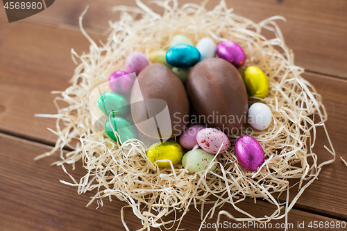 Image of chocolate eggs and candies in straw nest