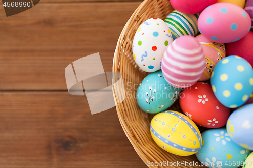 Image of close up of colored easter eggs in basket