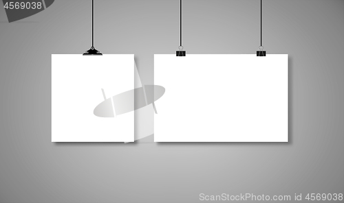 Image of White paper hanging on binders with black rope with drop shadow. Vector illustration on grey