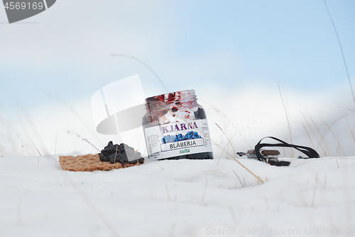 Image of Breakfast in the snow in Iceland, blueberry jam