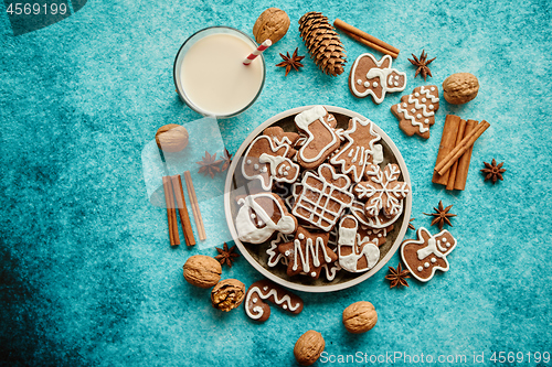 Image of Sweet Christmas composition. Assortment of gingerbread cookies on a plate