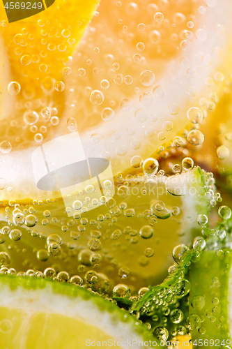 Image of Pieces of citrus fruits of lemon and lime with bubbles in a glass of water. Macro photo of summer refreshing cocktail