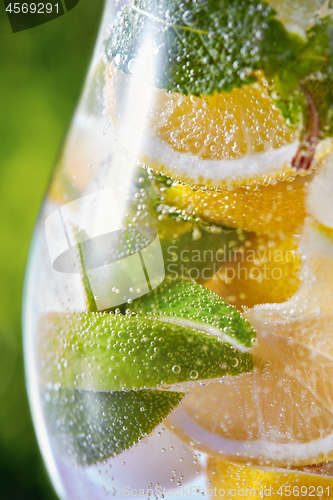 Image of Cold mojito cocktail with fresh citrus fruit and mint in a glass.