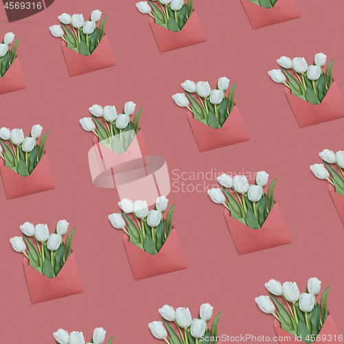 Image of Flowers greeting envelopes pattern on a pastel background.