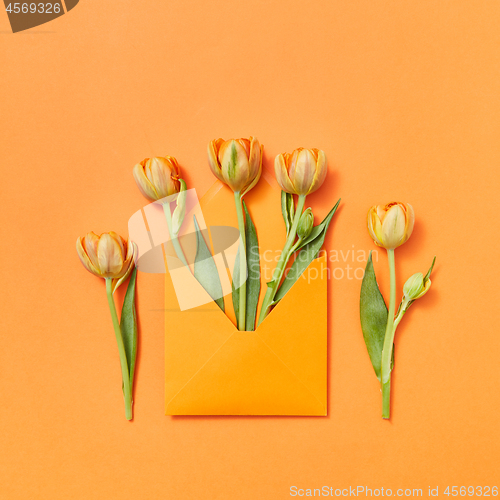 Image of Fresh tulips in a handmade envelope on a yellow background.