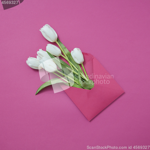 Image of Handmade envelope with fresh white tulips on a magenta background.