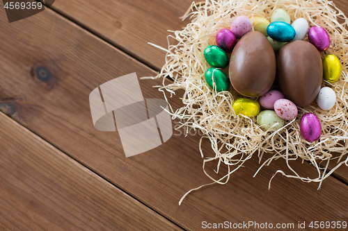 Image of chocolate eggs and candies in straw nest