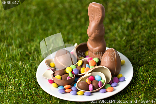 Image of chocolate bunny, eggs and candy drops on plate