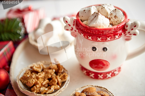 Image of Delicious homemade christmas hot chocolate or cocoa with marshmellows