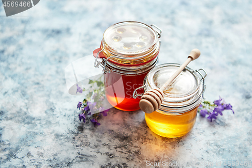 Image of Jars with different kinds of fresh organic honey