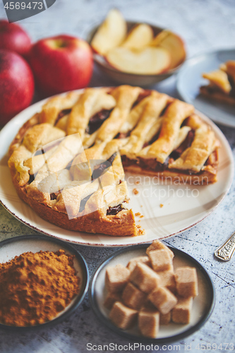 Image of Delicious apple pie cake with a fresh fruits, brown and powder sugar