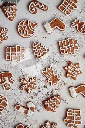 Image of Composition of delicious gingerbread cookies shaped in various Christmas symbols