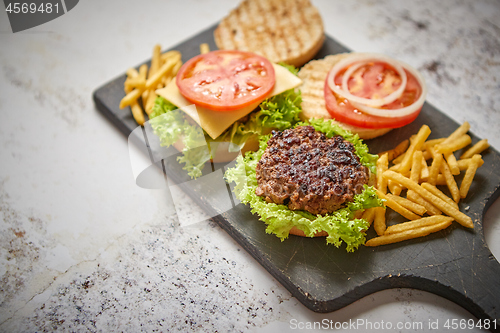 Image of Two tasty grilled home made burgers with beef, tomato, onion and lettuce